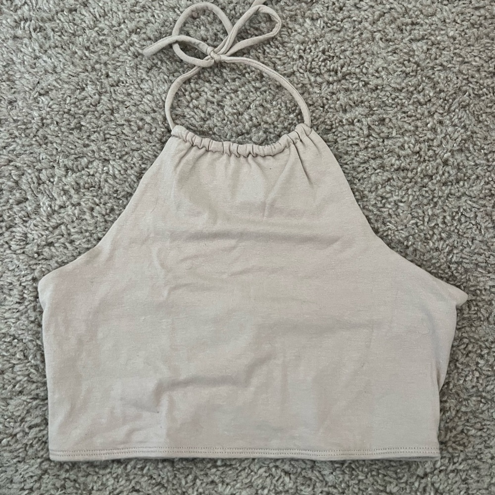 Garage Light Grey Sleeveless Crop Tank Top with Tie Front and Backless Design